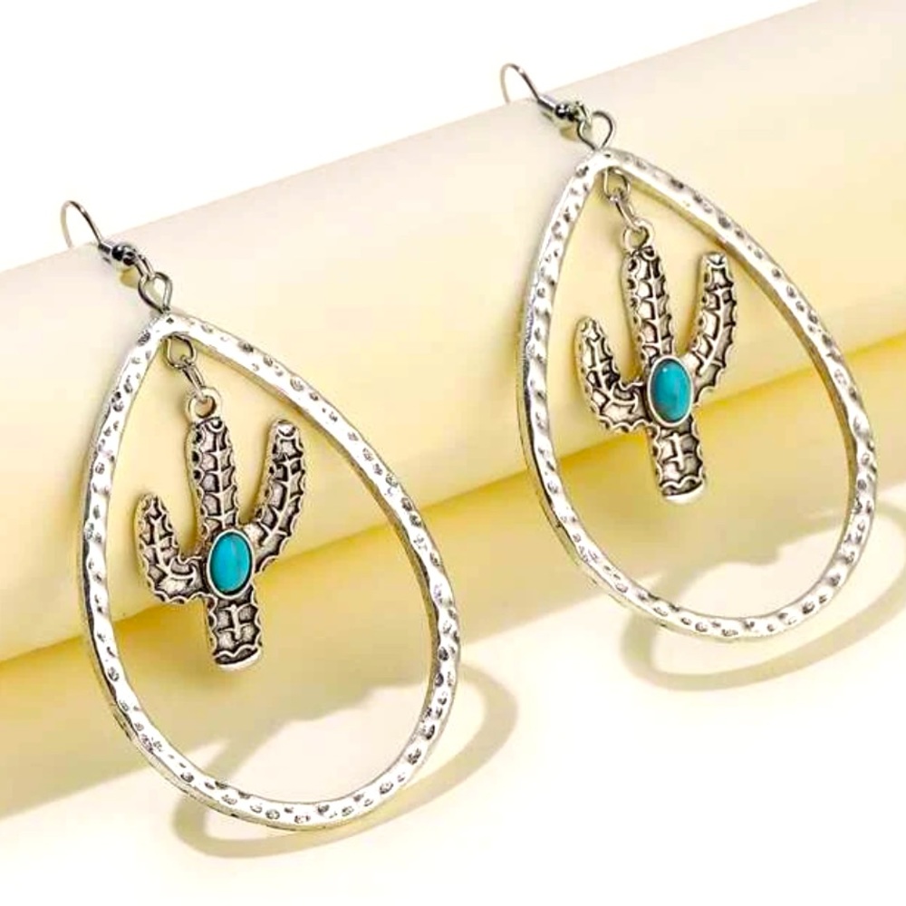 Turquoise and Silver Cactus Earrings
